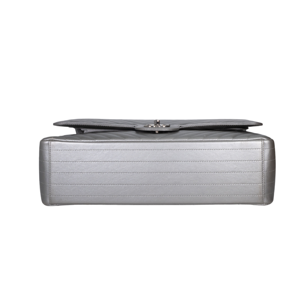 Chanel Chevron Caviar Classic Double Flap Maxi Silver