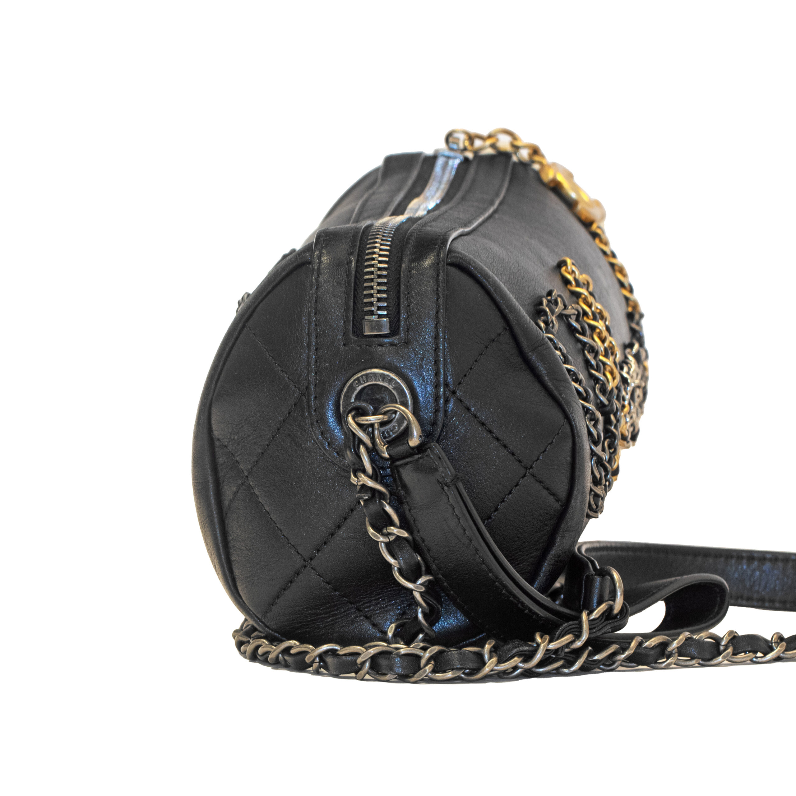 Chanel Calfskin Chain Signe Bowling Bag Small Black - Luxury